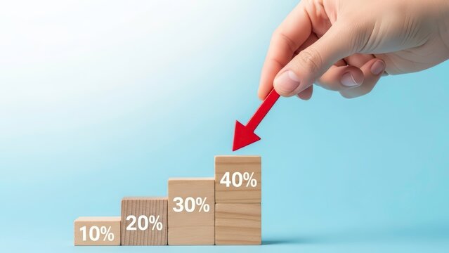 Hand moving a red downward arrow on a bar graph with percentages, financial drop and recession concept (वित्तीय गिरावट)