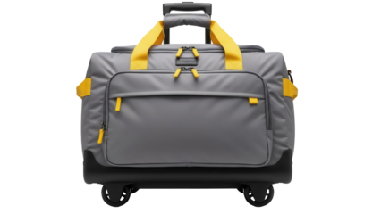 Isolated rolling duffel bag in neutral gray with yellow trim stands ready for departure
