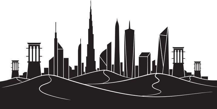 dubai inspired modern skyline silhouette rising above desert sand dunes vector illustration