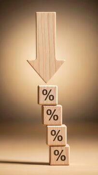 Financial crisis and recession concept: wooden arrow pointing down onto percentage blocks, economic decline symbol (आर्थिक गिरावट)
