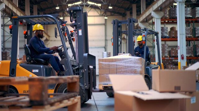 Operator handles pallets in warehouse, Warehouse worker in helmet navigates forklift among stacked cartons, Loading dock scene showing operator using forklift to organize packed cardboard boxes
