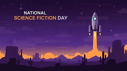 Rocket launching into starry night sky on National Science Fiction Day