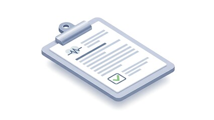 A medical clipboard holds a patient form showing heartbeat and green checkmark.