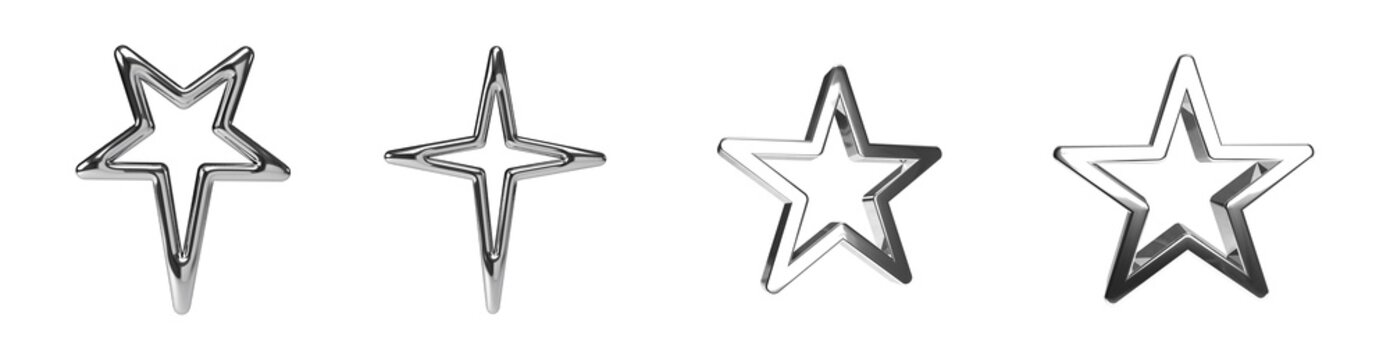 Set of Glossy Metallic Chrome Silver Star, Y2K Aesthetic Elements on Isolated Background PNG