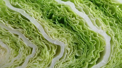 Fototapeta premium Close-up view of a fresh green cabbage slice revealing its intricate layers.