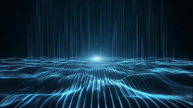 Abstract digital wave terrain with glowing blue lines and vertical data streams descending from