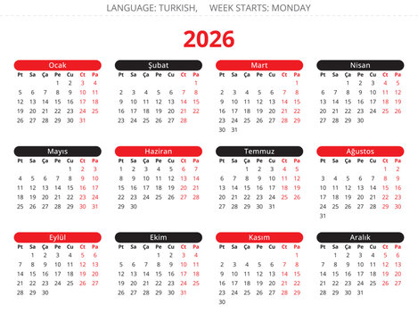 2026 year turkish calendar with black and red colors. Vector illustration Turkey - turk takvimi