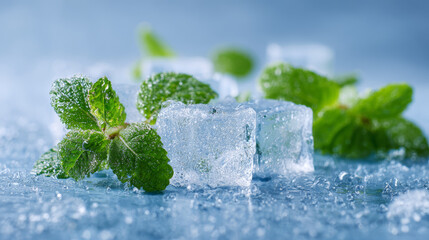 Fresh green mint leaves with textured surface and jagged edges, paired with translucent ice cubes on a cool surface
