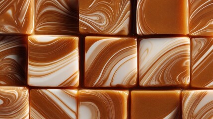 Naklejka premium Glossy caramel blocks with elegant white swirls create a delicious seamless texture.