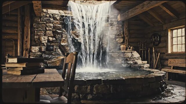 Experiencing a Rustic Interior with a Waterfall Feature in a Stone Workshop