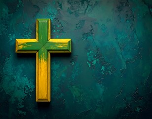 A vibrant, textured backdrop hosts a painted cross in shades of gold and green, symbolizing faith