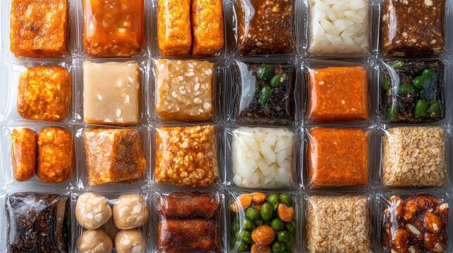 A grid of vacuum sealed packs of high energy emergency food rations in various colors and textures offering a variety of survival food supplies
