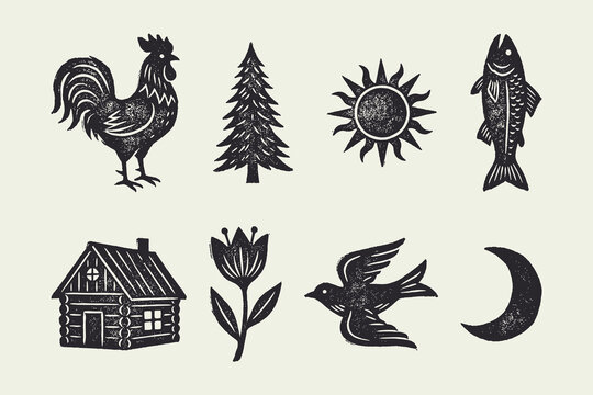 Rustic Folk Art Nature Symbols Vector Set; Woodcut Style Rooster, Sun, Tree, and Cabin Icons.