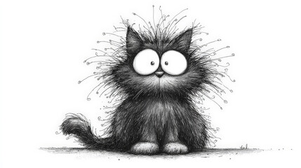 A whimsical black-and-white ink cartoon of a cute, confused cat with a delightfully frazzled expression. Generative AI