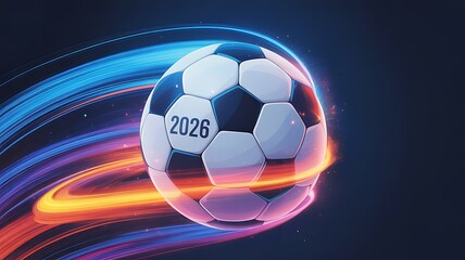 Fototapeta premium Futuristic soccer ball design with vibrant energy trails and 2026 marking a dynamic sports illustration