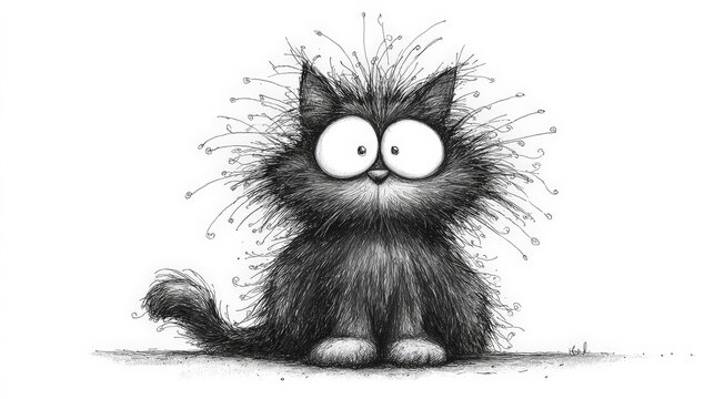 A whimsical black-and-white ink cartoon of a cute, confused cat with a delightfully frazzled expression. Generative AI