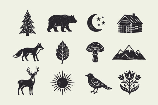 Rustic Vintage Nature Icons Set; Forest Animals and Wilderness Symbols Silhouettes
