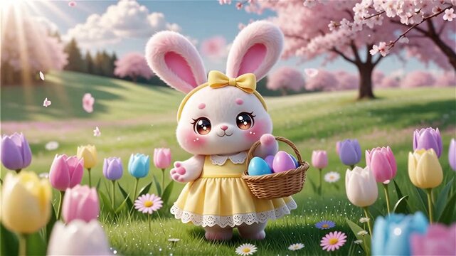 Adorable Easter bunny holding basket with eggs. Cute spring video thumbnail perfect for children content, Easter celebration, and family storytelling.