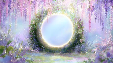 Suspended in a vibrant garden, a luminous circular portal glows softly amidst colorful blossoms. The aura of enchantment surrounds the scene, inviting exploration and wonder