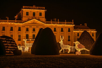 Christmas reindeer and bird light sculptures in Eszterh&aacute;zy Palace garden
