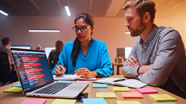 Programmer inspecting code and bugs, Engineer working on software issues under bright lighting, Developer diligently examining coding problems on laptop amidst team discussions and office environment