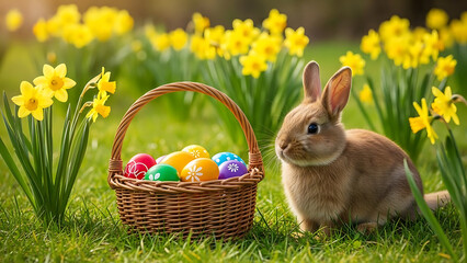 Adorable Easter bunny and colorful basket of eggs in a vibrant spring garden with yellow daffodils.