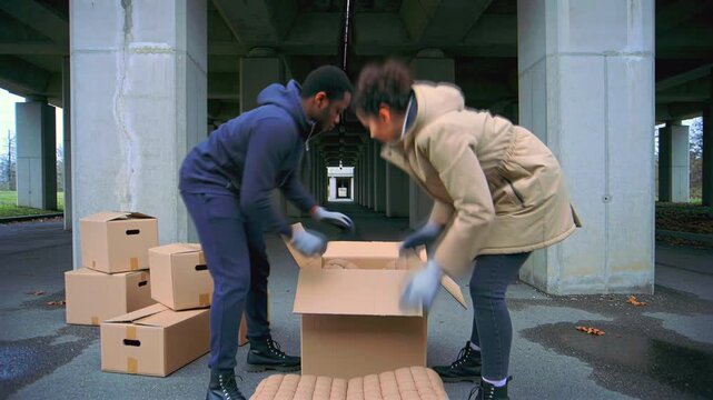 Charity packing scene, People carefully fold and pack donations beneath urban bridge for charity, Dedicated team prepares clothing packages under bridge for donation distribution in cold weather