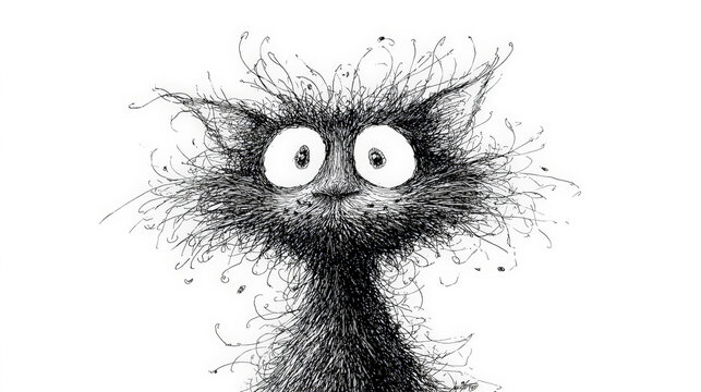 A whimsical black-and-white ink cartoon of a cute, confused cat with a delightfully frazzled expression. Generative AI