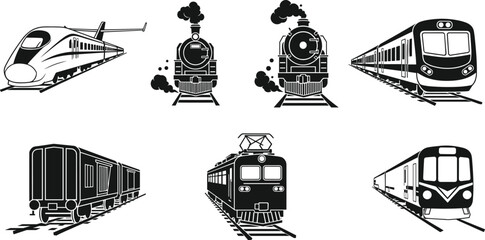 Train icons, steam locomotive, high-speed rail, metro, electric pantograph, rear view, subway front, black vector illustration set © MdMahmudul