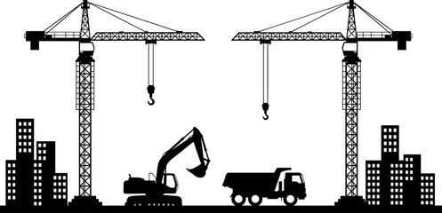 Silhouette Illustration of a Busy Construction Site Featuring Tower Cranes Excavator and Dump Truck Against an Urban City Skyline Background (20 words) © MD Anas