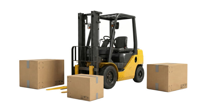 industrial forklift operating with cardboard boxes on isolated transparent background