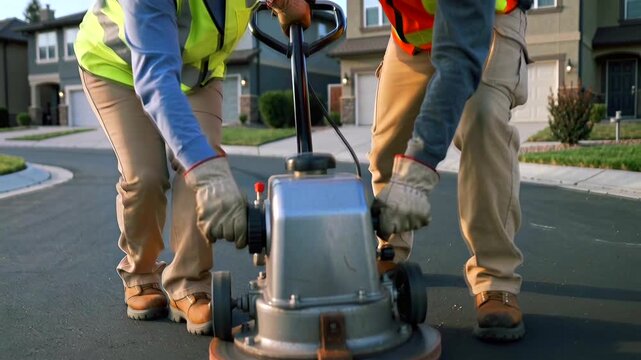 Team operating heavy pavement grinding equipment, Street maintenance team reshaping roadway surfaces carefully, Construction crew uses large machinery to smooth and restore neighborhood streets