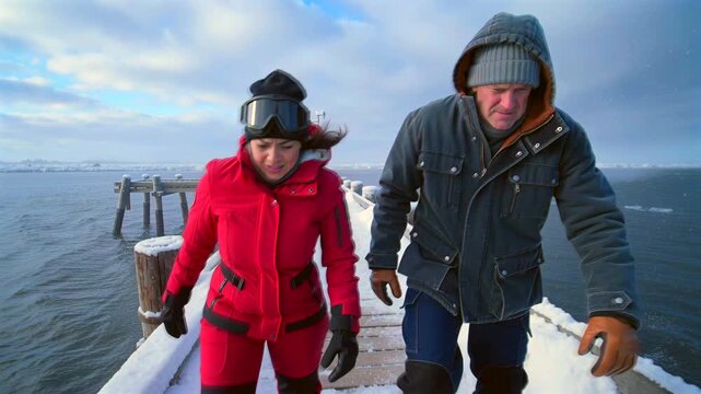 Couple walking icy pier by ocean, bundled jackets, gloves and goggles, beanie and mittens, waves crashing, salt spray, overcast sky, laughter and supportive strides, brisk wind and adventurous mood