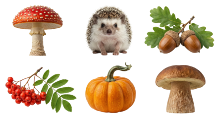 Collection of vibrant autumnal theme featuring mushroom pumpkin berries and foliage isolated on