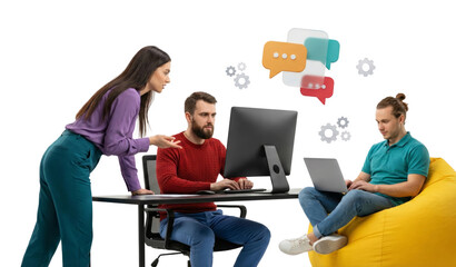 collaborative team discussion revolving around digital communication and innovation with isolated