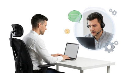 professional customer support agent communicating via video call with isolated transparent
