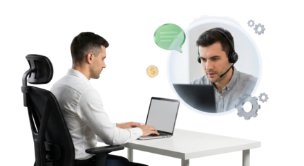 professional customer support agent communicating via video call with isolated transparent