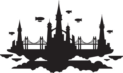 Symmetrical grand floating castle silhouette a magical sky kingdom with airships flying above clouds backdrop © MDSHOFIQUL