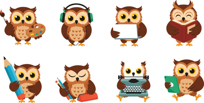Cute owl character set with various hobbies including painting listening to music using laptop reading book writing drawing and working on tablet.