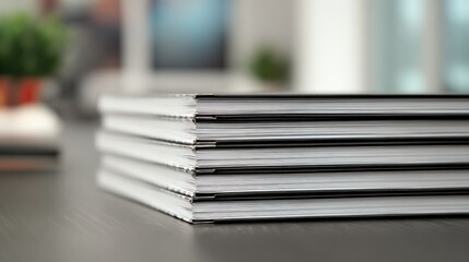 Closeup medium shot of perfect bound booklets arranged on a sleek desk highlighting the polished spine ideal for formal and professional event presentations.