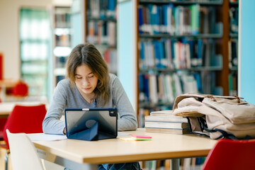 Student woman using digital tablet for study at library table with books representing research, education technology, focused learning environment