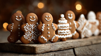 Line of festive gingerbread cookies decorated with white icing, featuring smiling faces, snowflake patterns, and holiday shapes on rustic wooden surface