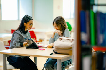 Two women collaborating on research discussion at library with tablet books highlighting cooperation learning leadership