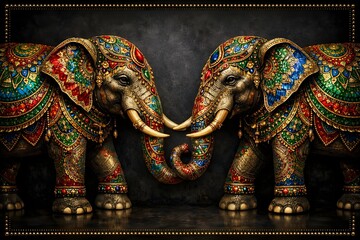 Fototapeta premium Vibrant Ornate Elephant Duo with Intricate Mandala Patterns and Mosaic Art Illustration