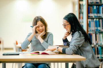 Teacher guiding school student during study session at library desk using open books building academic foundation learning support.
