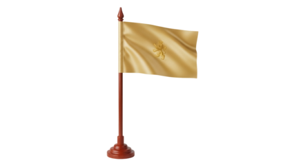 Isolated gold colored flag on a pole with emblem symbol, representing royalty and heraldry