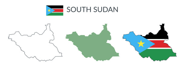 South Sudan geographical borders isolated on white background. Flag of South Sudan. Vector flat cliparts.