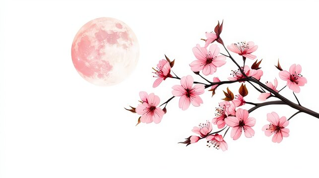 Pink Cherry Blossom Branch Under Bright Full Moon with Soft White Background