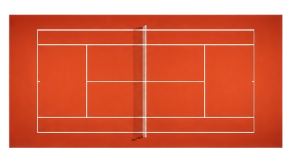 Isolated overhead shot of a clay tennis court with a net and painted white lines on a field