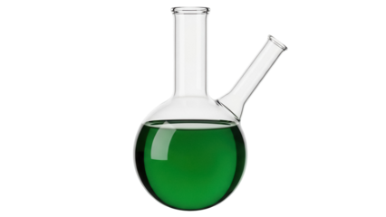 Isolated round bottom flask with green liquid for laboratory chemical or biological test